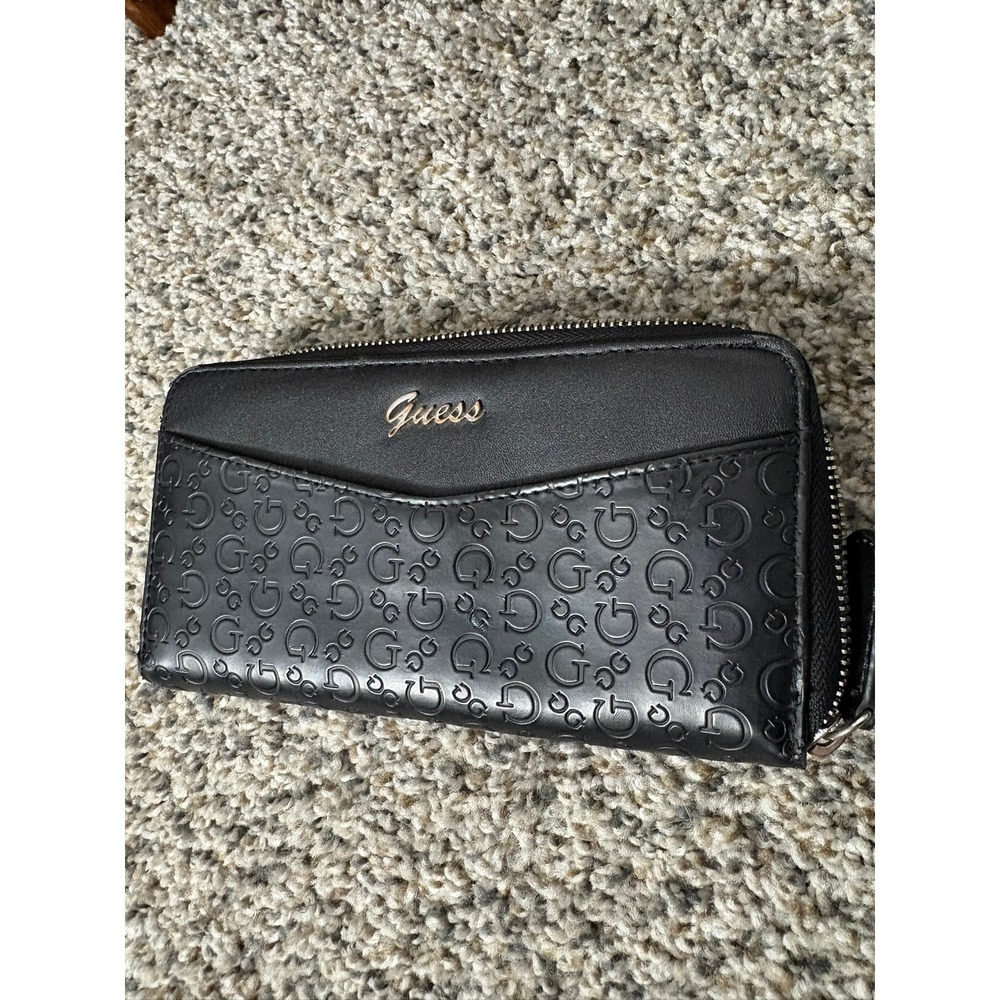 Guess Zip Around Wallet Monogram Embossed Black Vintage Y2K